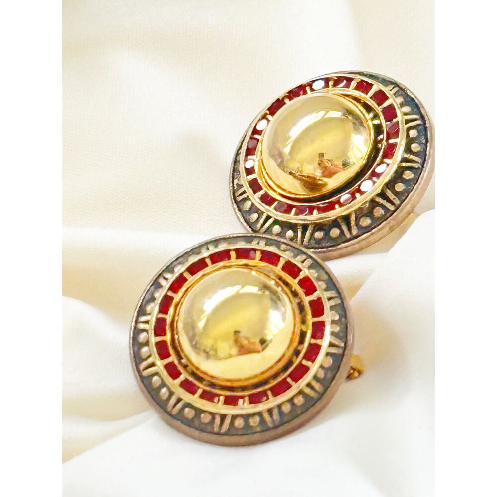 Vintage Bronze Tone Round Earrings Gold Domes Red Rhinestones
